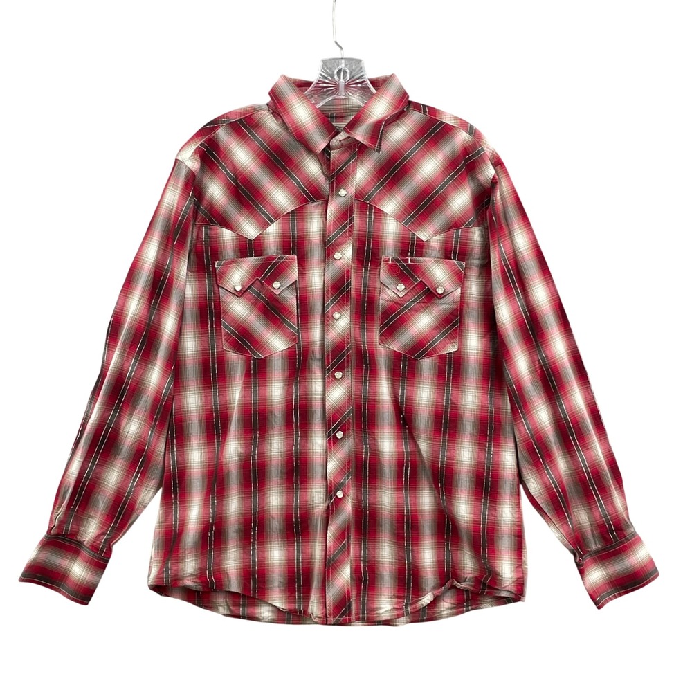Wrangler Western Snap Shirt Mens Medium Red Plaid Metallic American Cowboy Rodeo